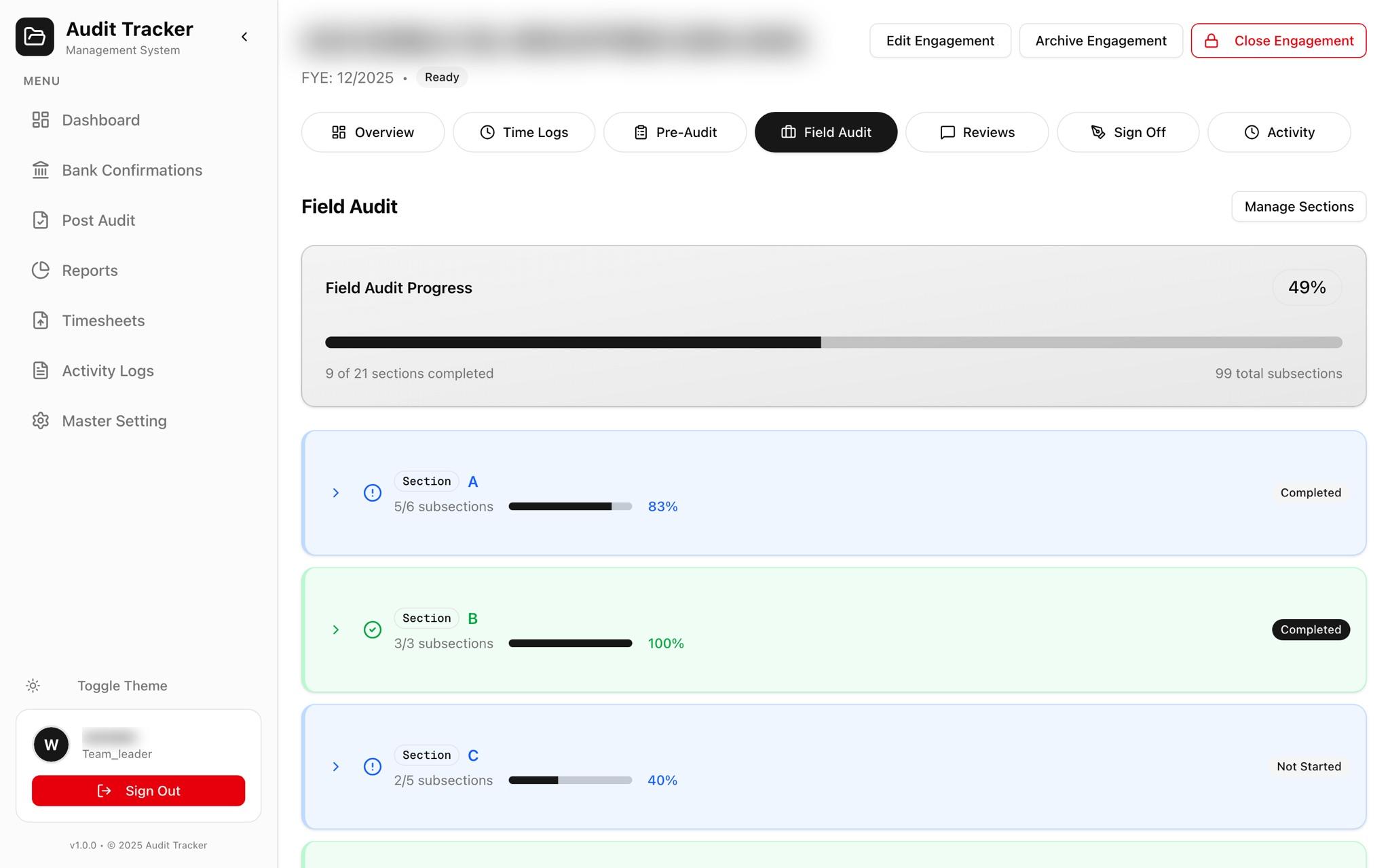 Field audit progress