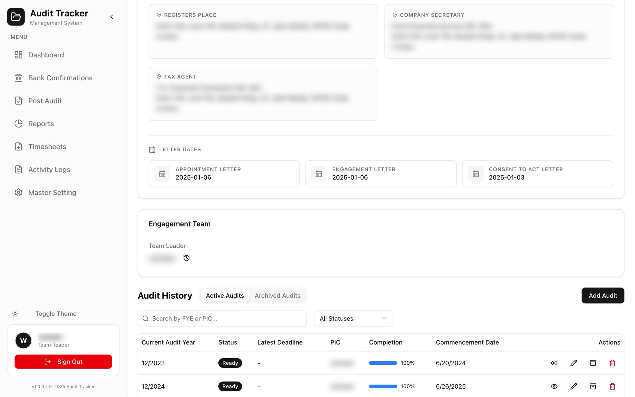 Team & audit history