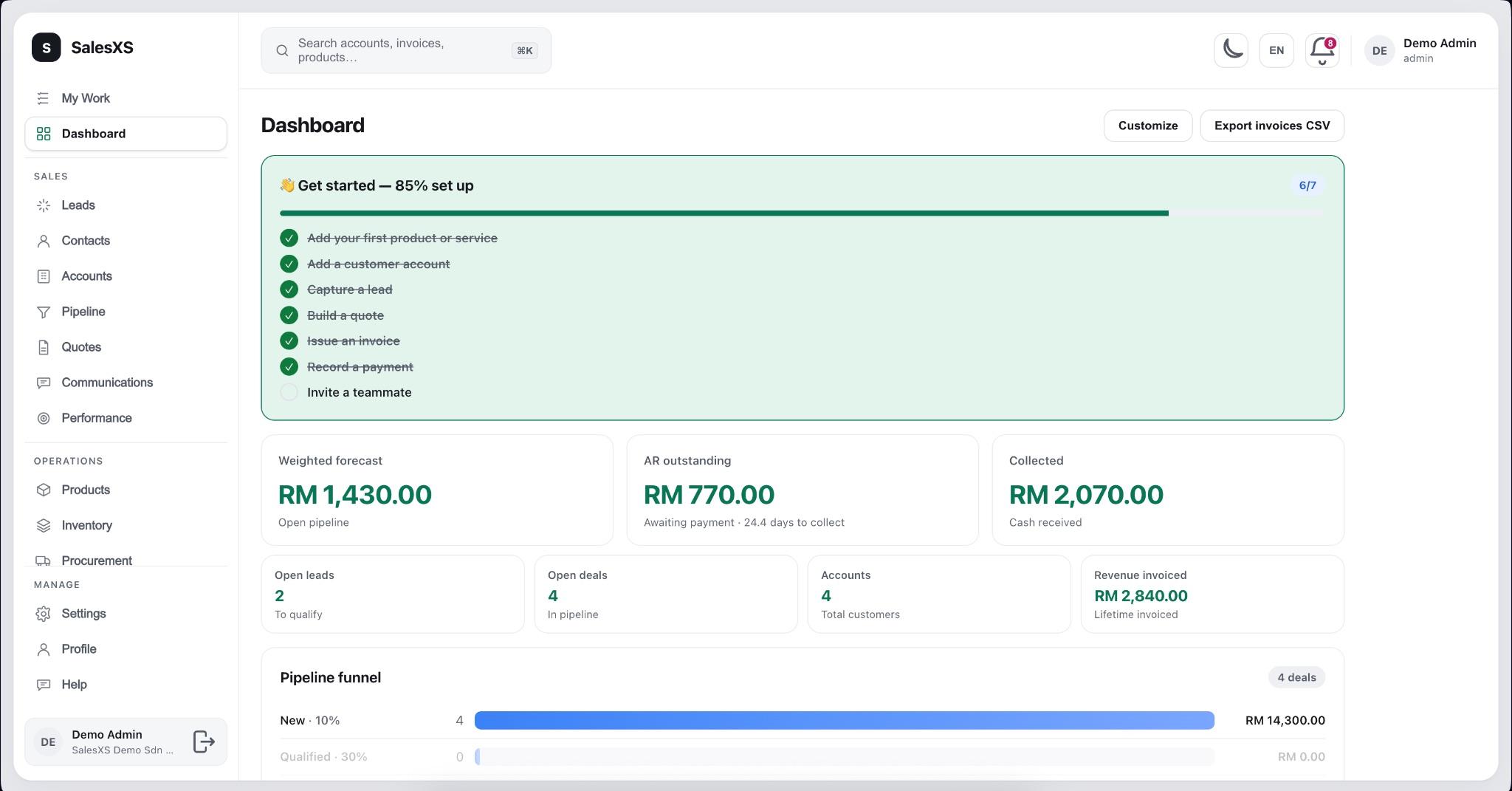 Dashboard: onboarding and pipeline