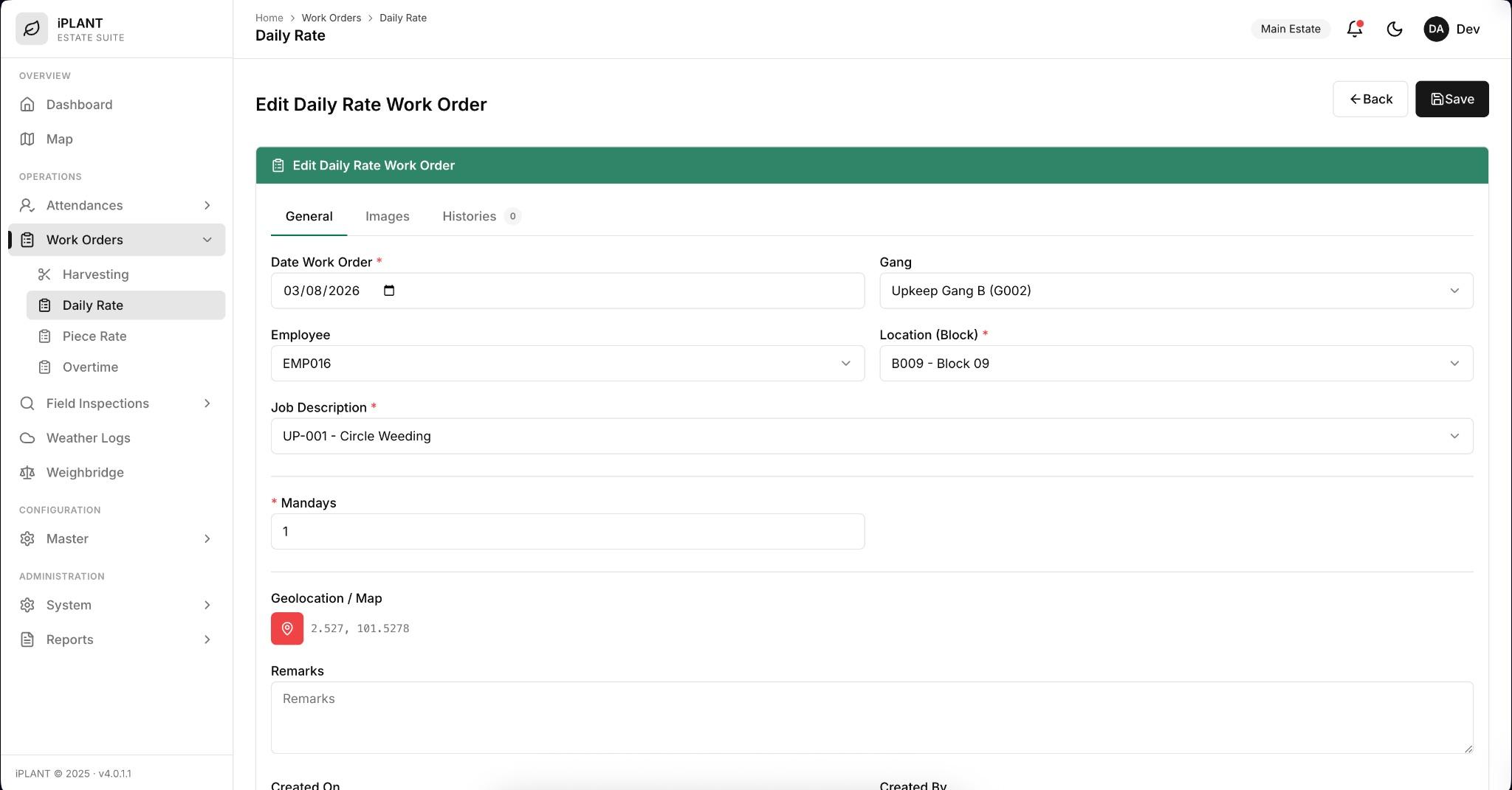 Edit daily-rate work order