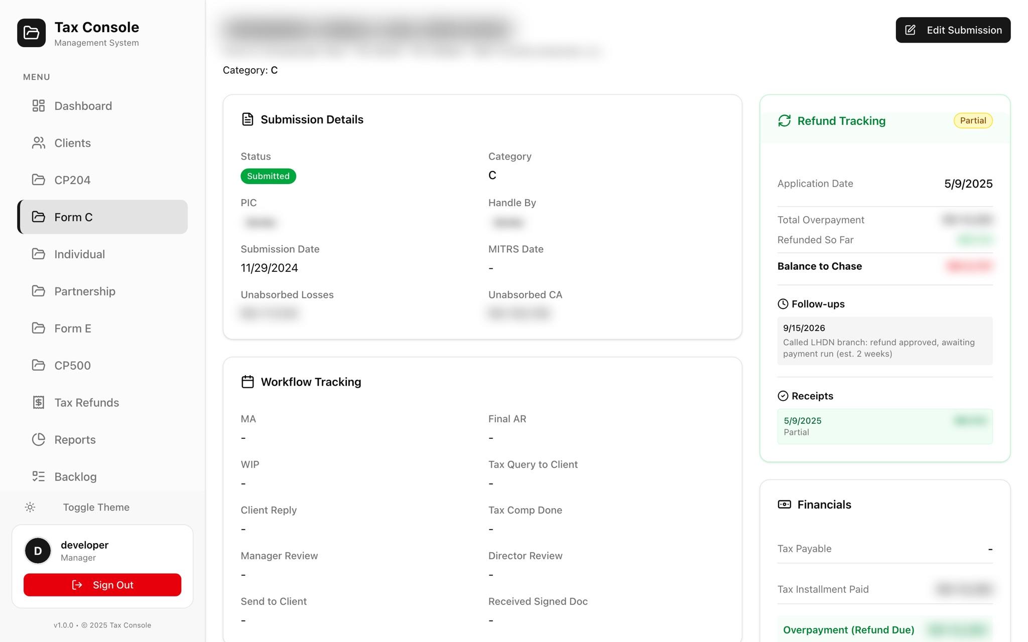 Form C: refund tracking