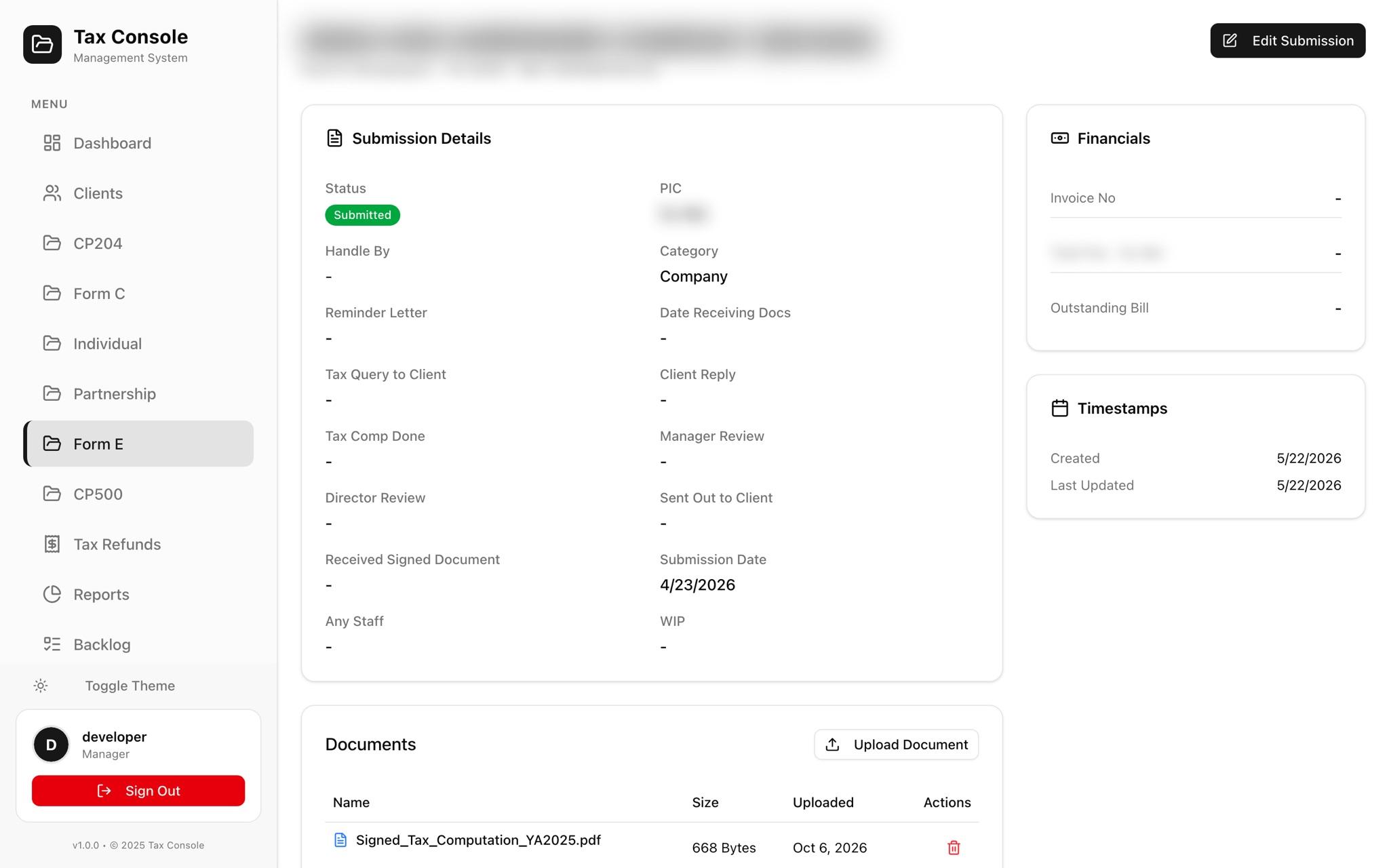 Form E: employer