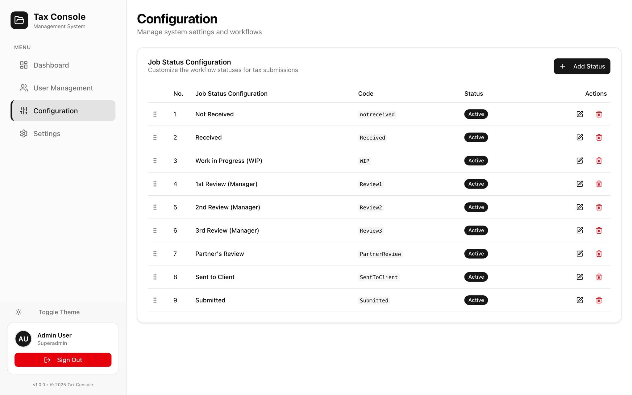 Job status configuration